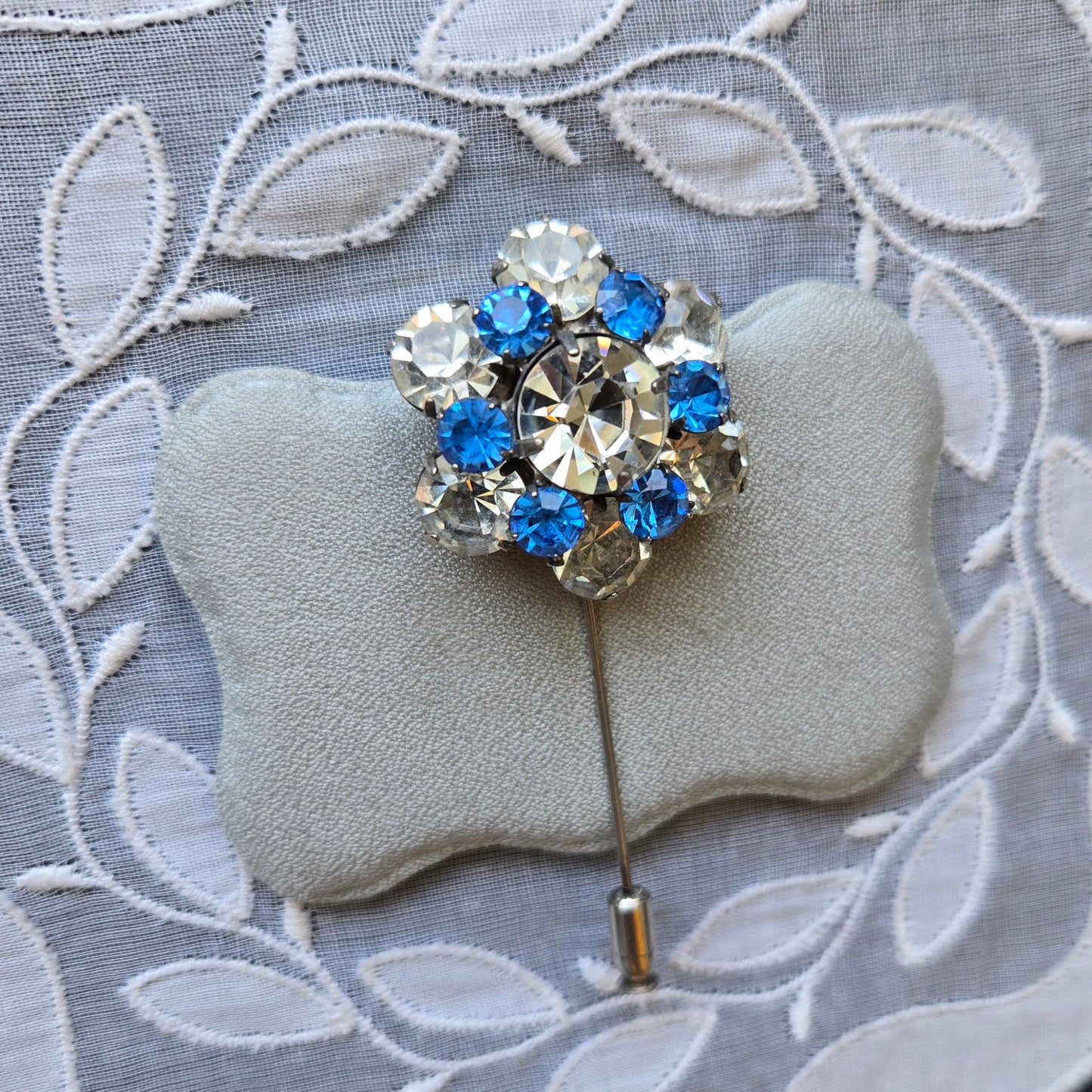 Stick Pin - Ivana Blue and Clear Crystals Flower Stick Pin Brooch