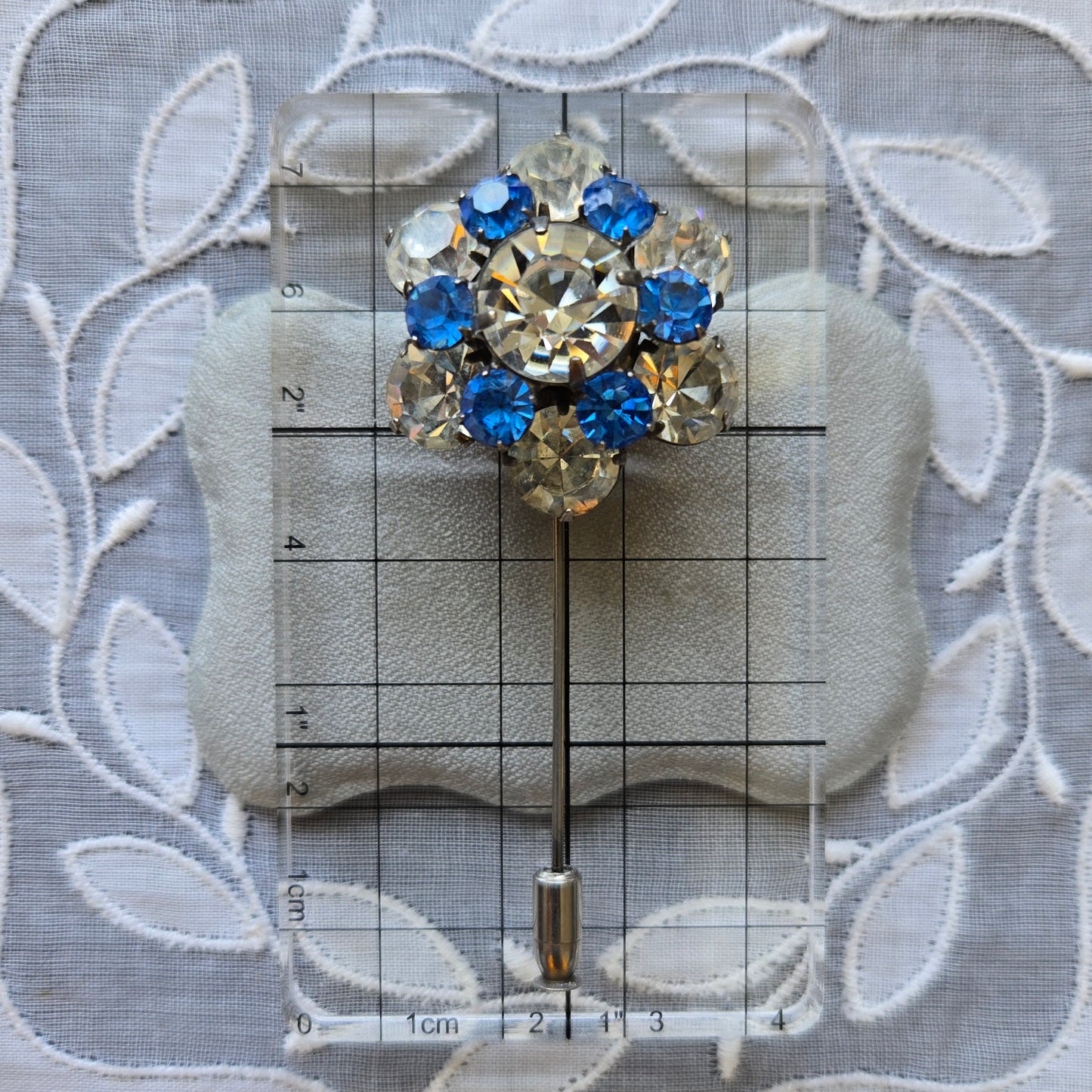 Stick Pin - Ivana Blue and Clear Crystals Flower Stick Pin Brooch
