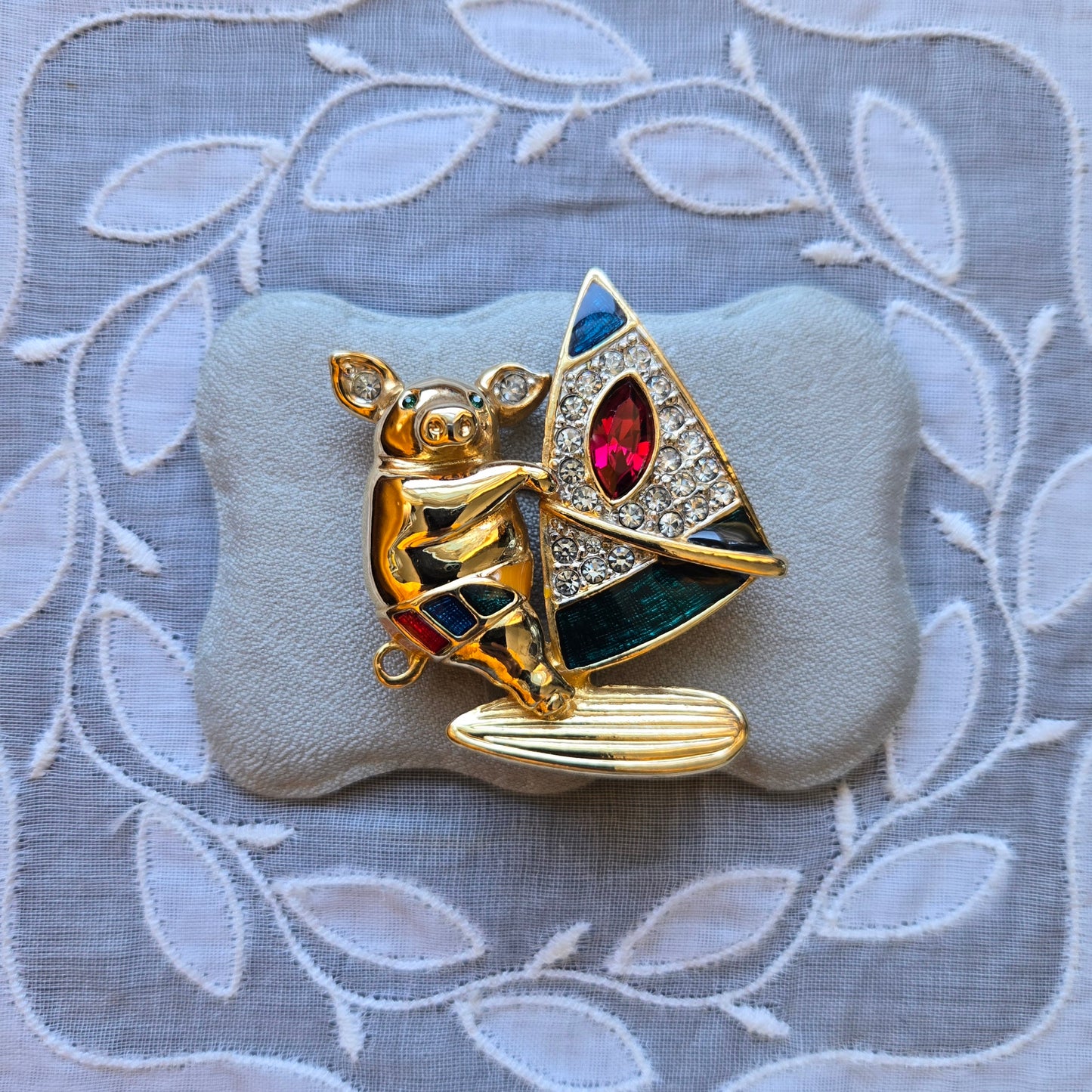 Brooch - Multicolour Enamel and Crystals Surfing Pig Brooch