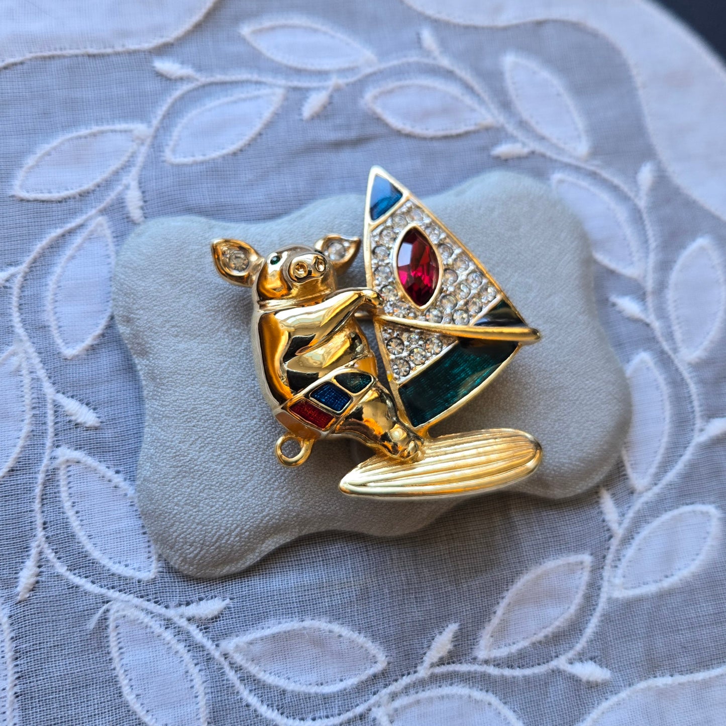 Brooch - Multicolour Enamel and Crystals Surfing Pig Brooch