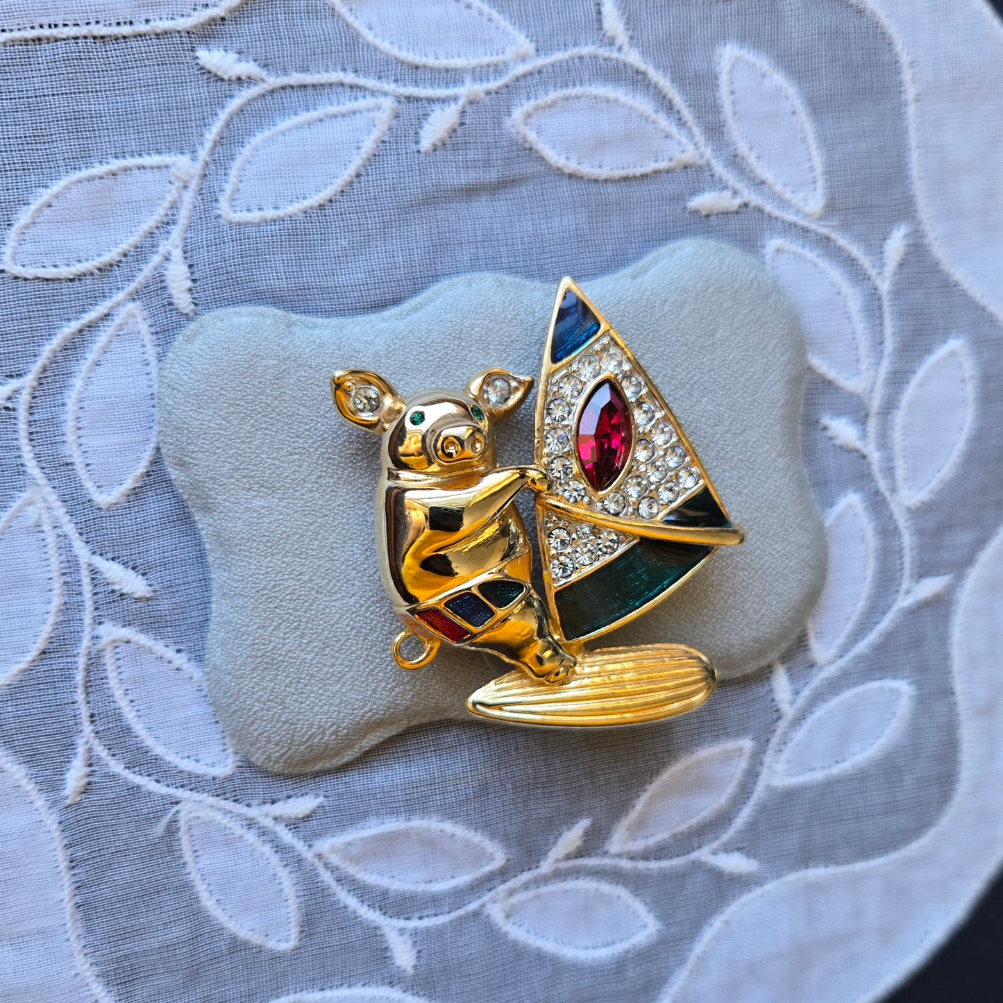 Brooch - Multicolour Enamel and Crystals Surfing Pig Brooch