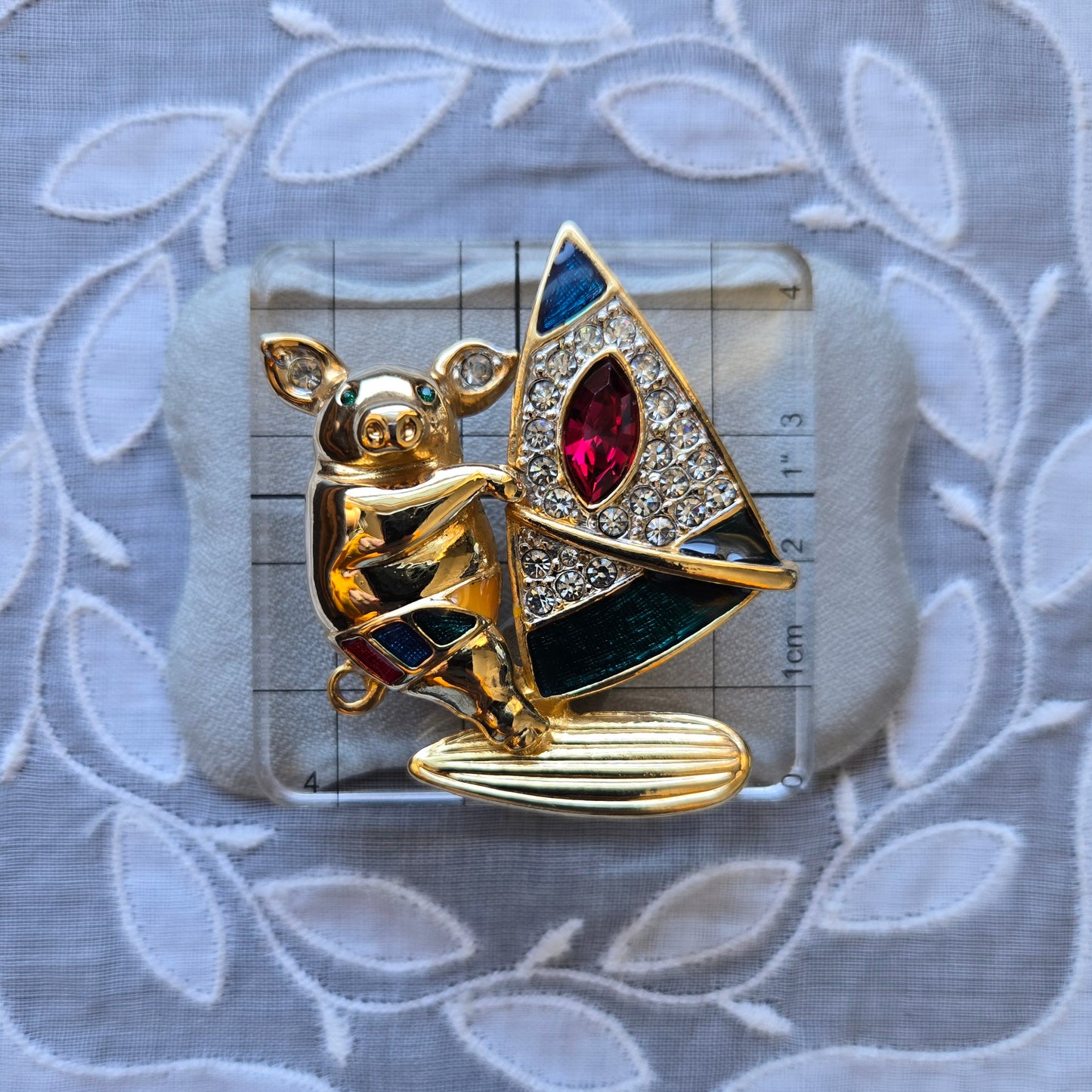 Brooch - Multicolour Enamel and Crystals Surfing Pig Brooch