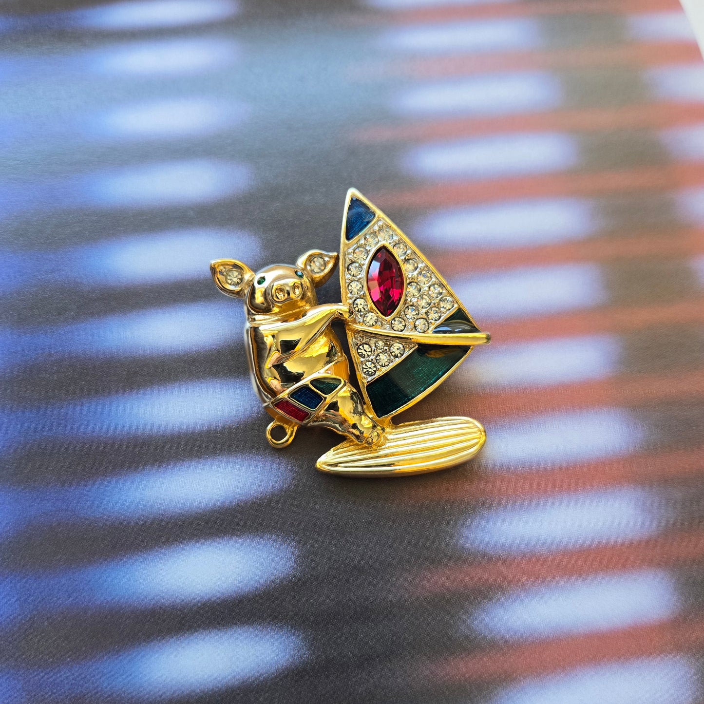 Brooch - Multicolour Enamel and Crystals Surfing Pig Brooch