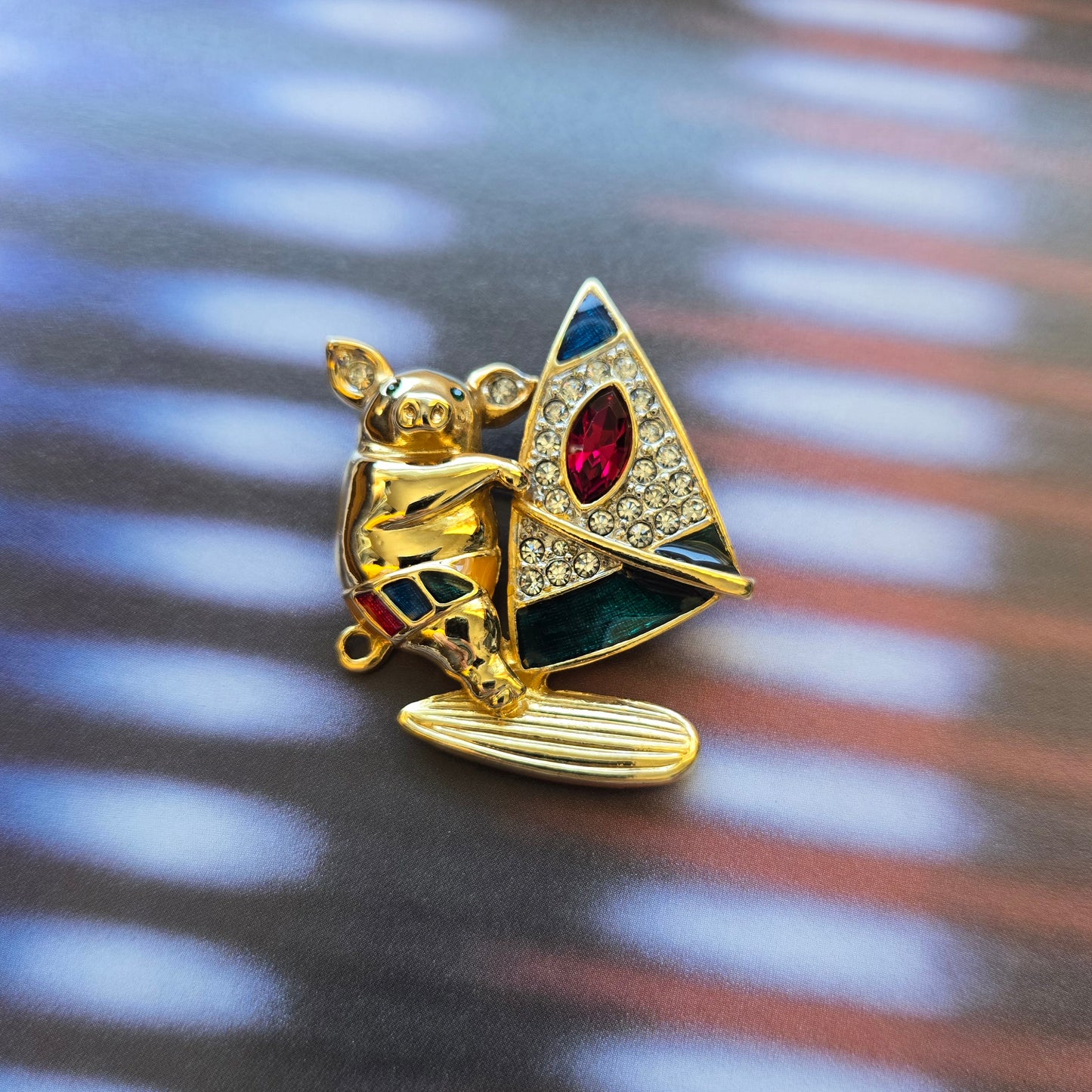 Brooch - Multicolour Enamel and Crystals Surfing Pig Brooch