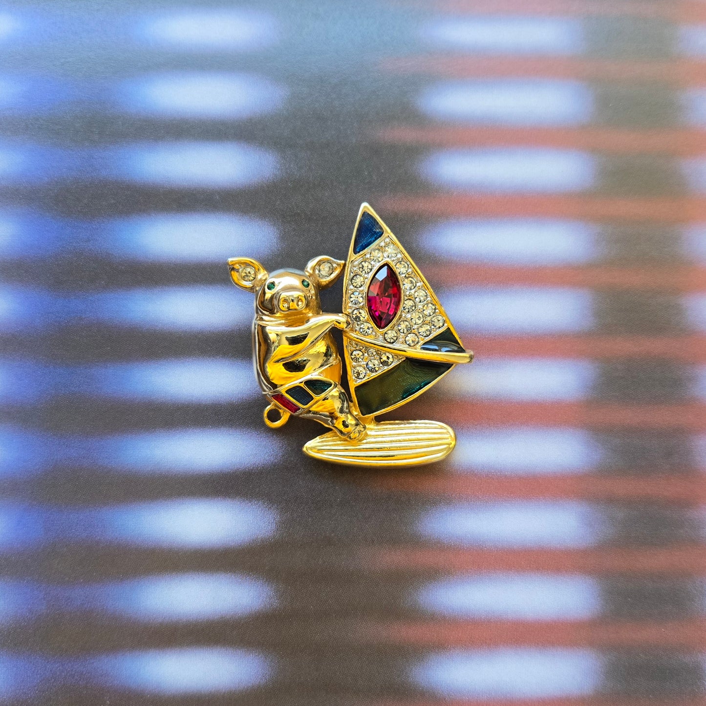 Brooch - Multicolour Enamel and Crystals Surfing Pig Brooch