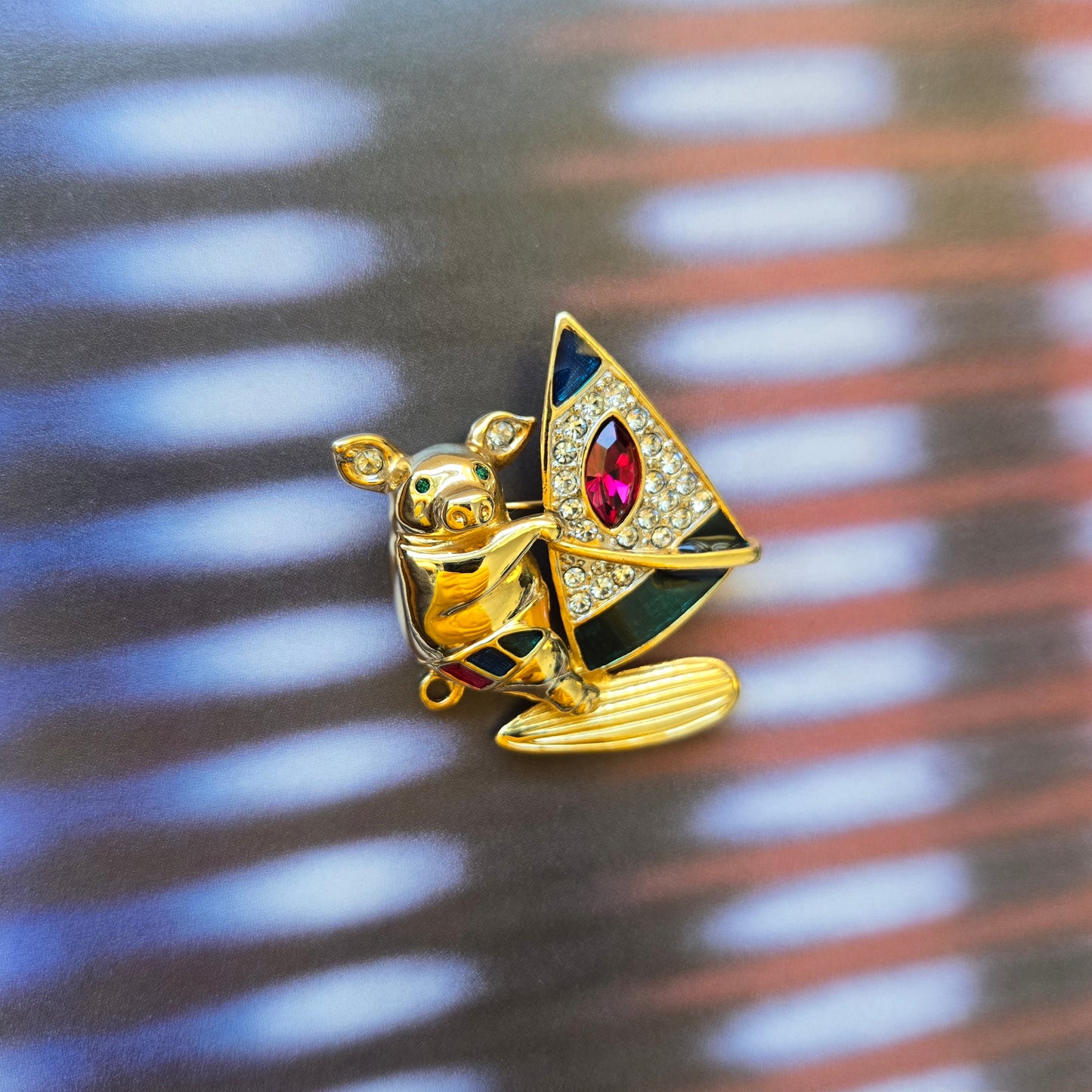 Brooch - Multicolour Enamel and Crystals Surfing Pig Brooch