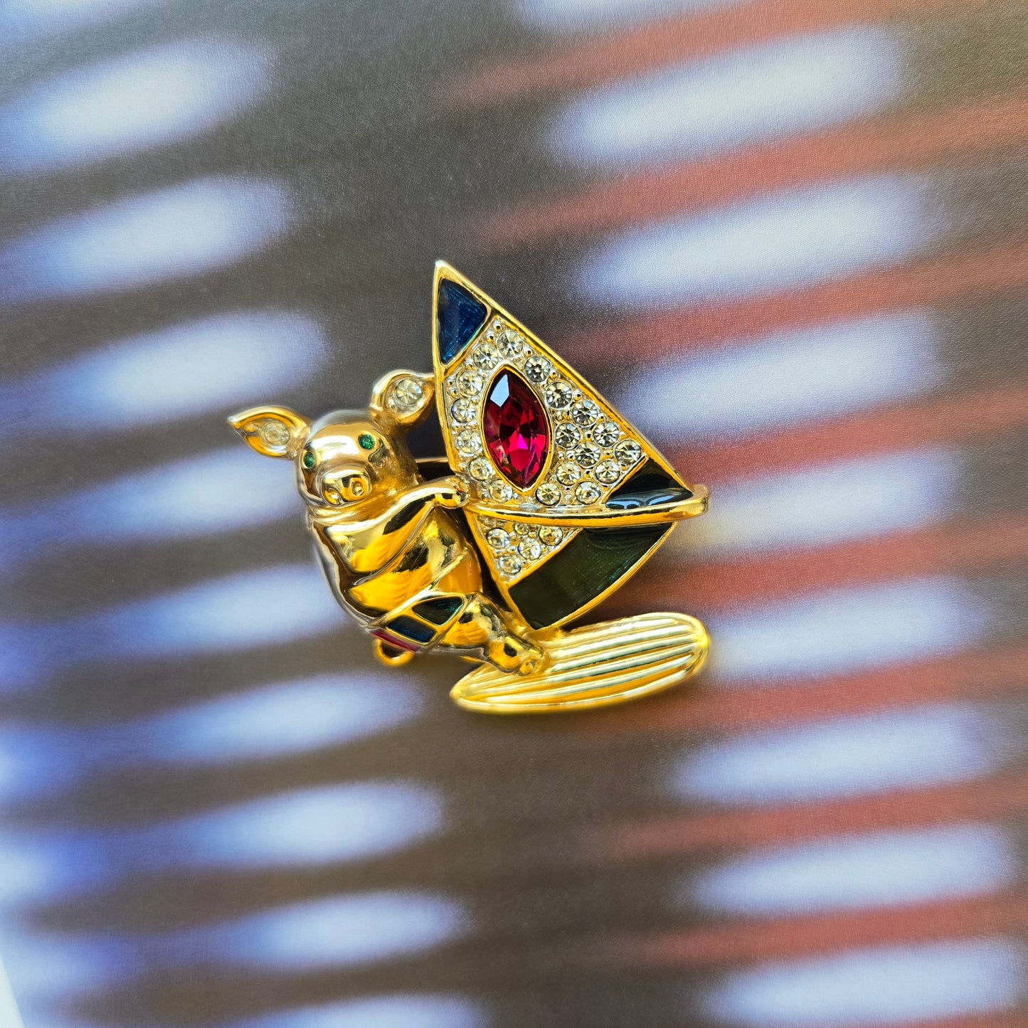 Brooch - Multicolour Enamel and Crystals Surfing Pig Brooch