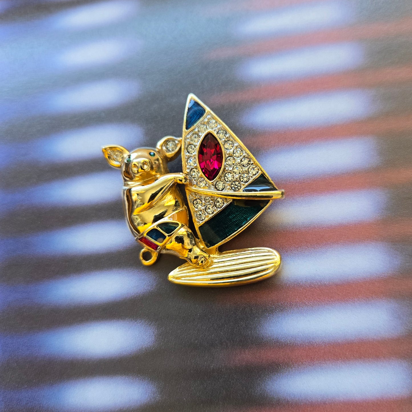 Brooch - Multicolour Enamel and Crystals Surfing Pig Brooch