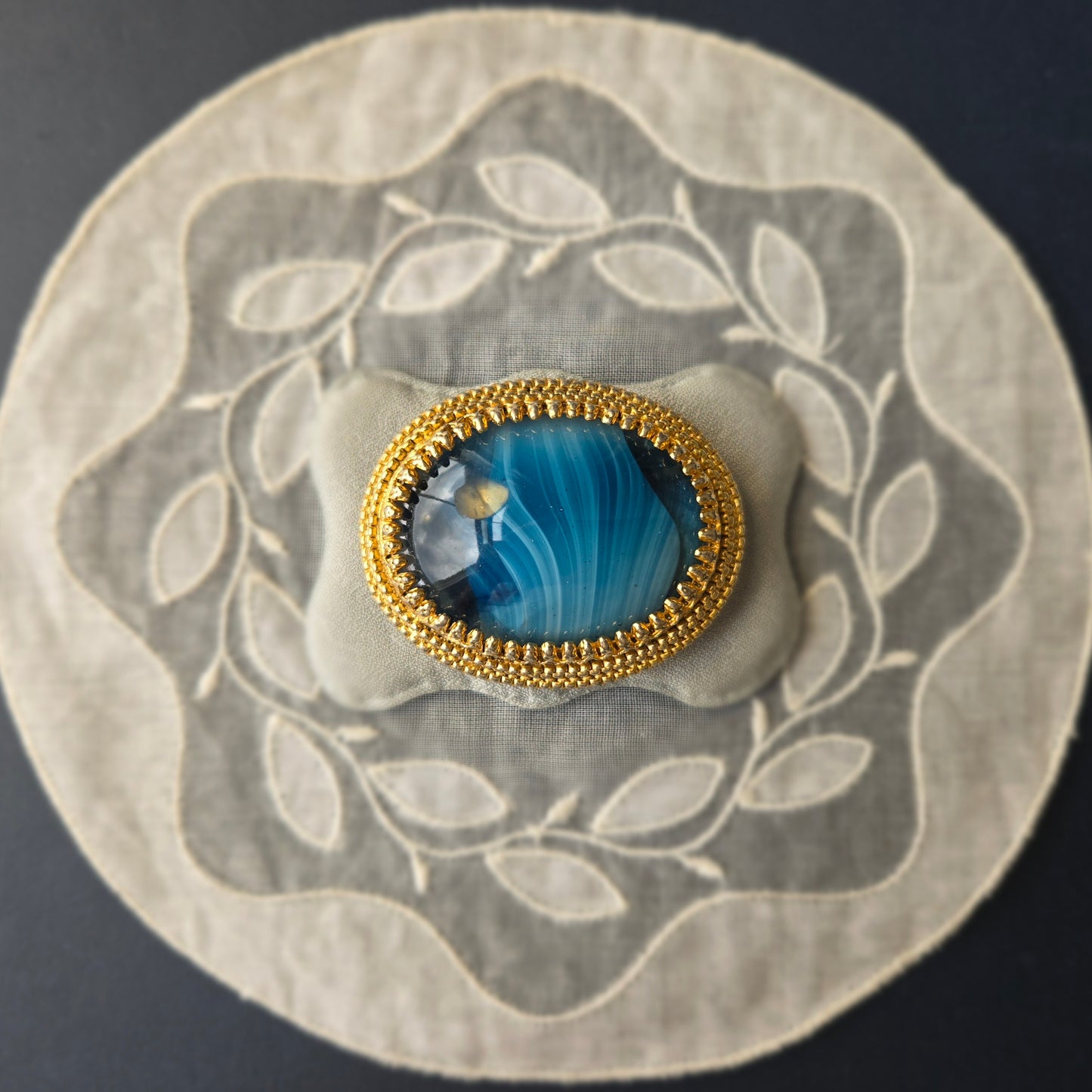 Sphinx Blue Agate Glass Cabochon Brooch