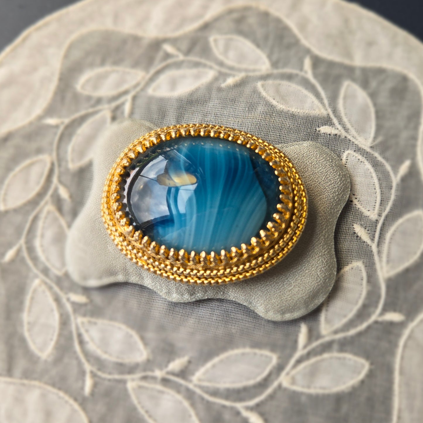 Sphinx Blue Agate Glass Cabochon Brooch
