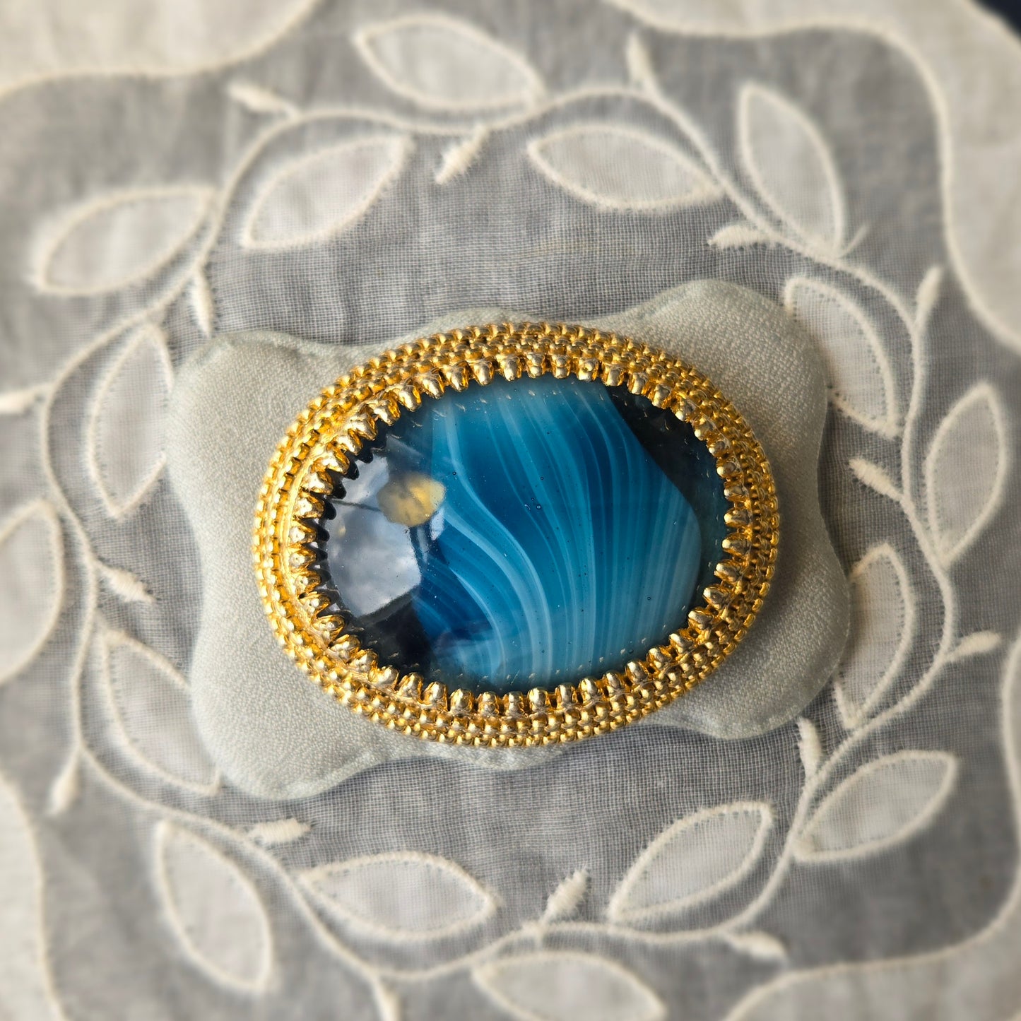 Sphinx Blue Agate Glass Cabochon Brooch
