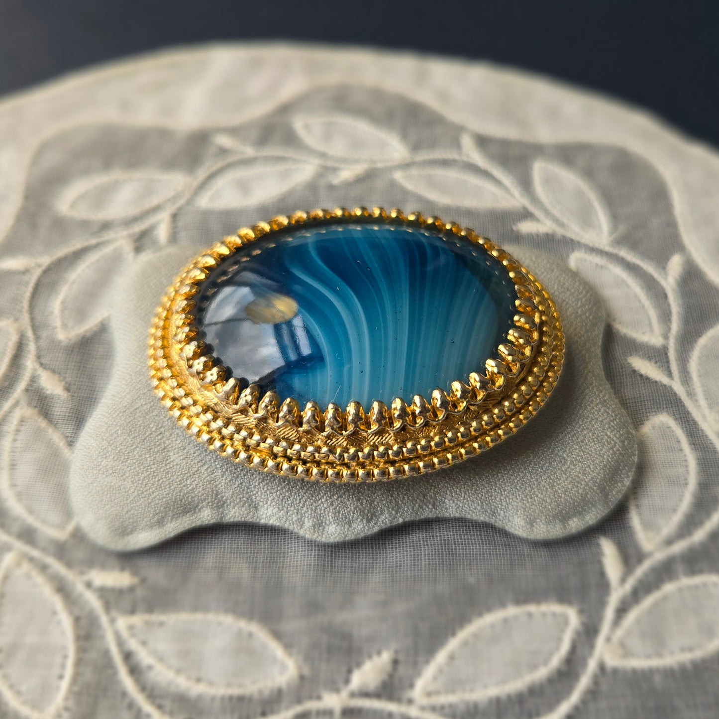 Sphinx Blue Agate Glass Cabochon Brooch