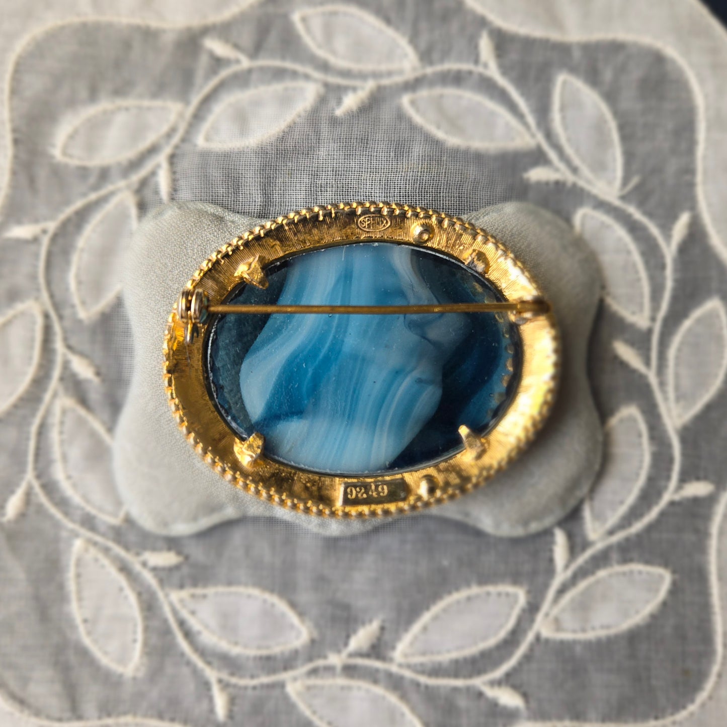 Sphinx Blue Agate Glass Cabochon Brooch