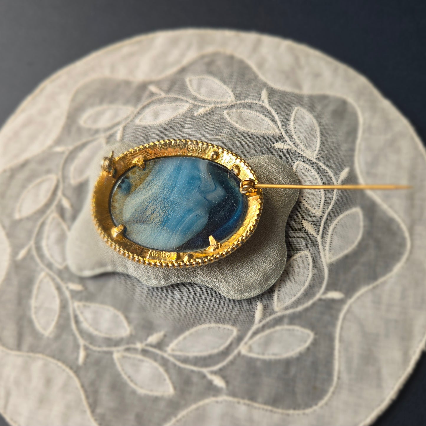 Sphinx Blue Agate Glass Cabochon Brooch