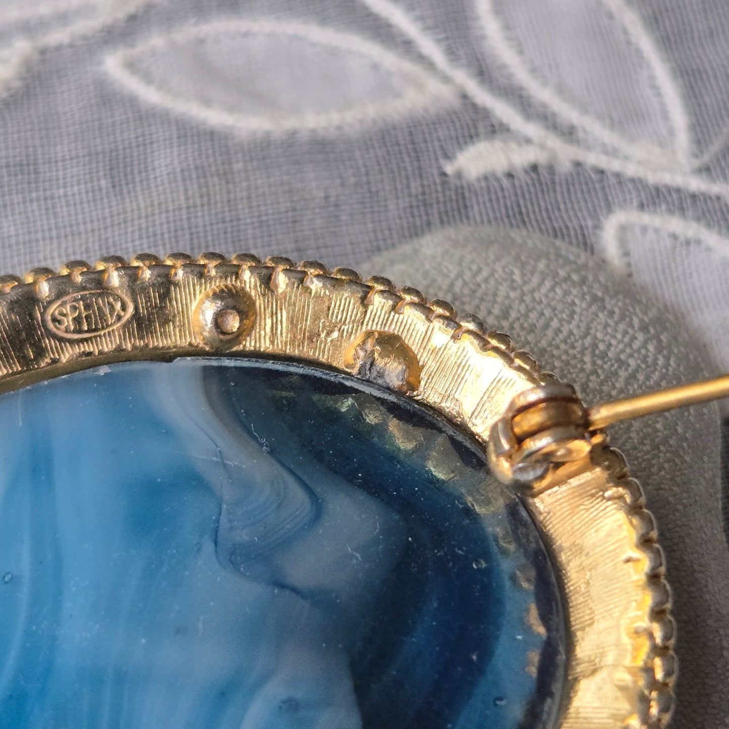 Sphinx Blue Agate Glass Cabochon Brooch