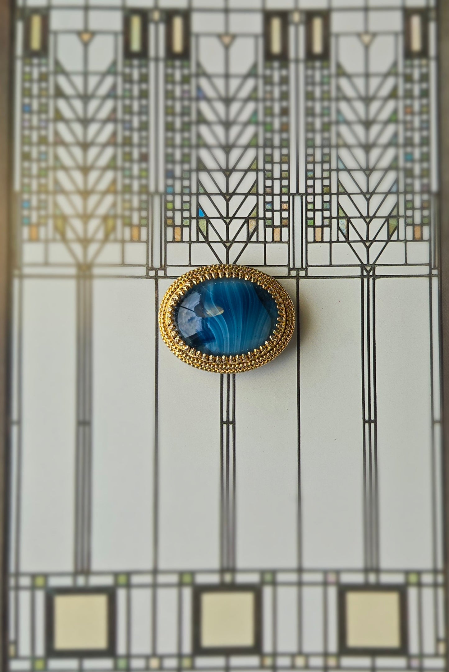 Sphinx Blue Agate Glass Cabochon Brooch