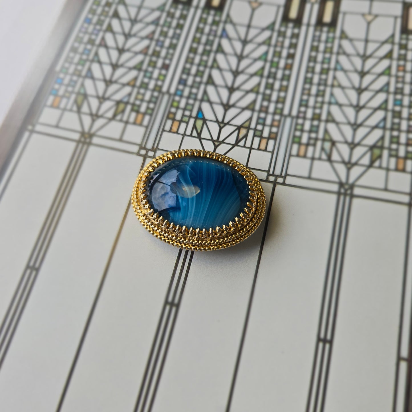 Sphinx Blue Agate Glass Cabochon Brooch