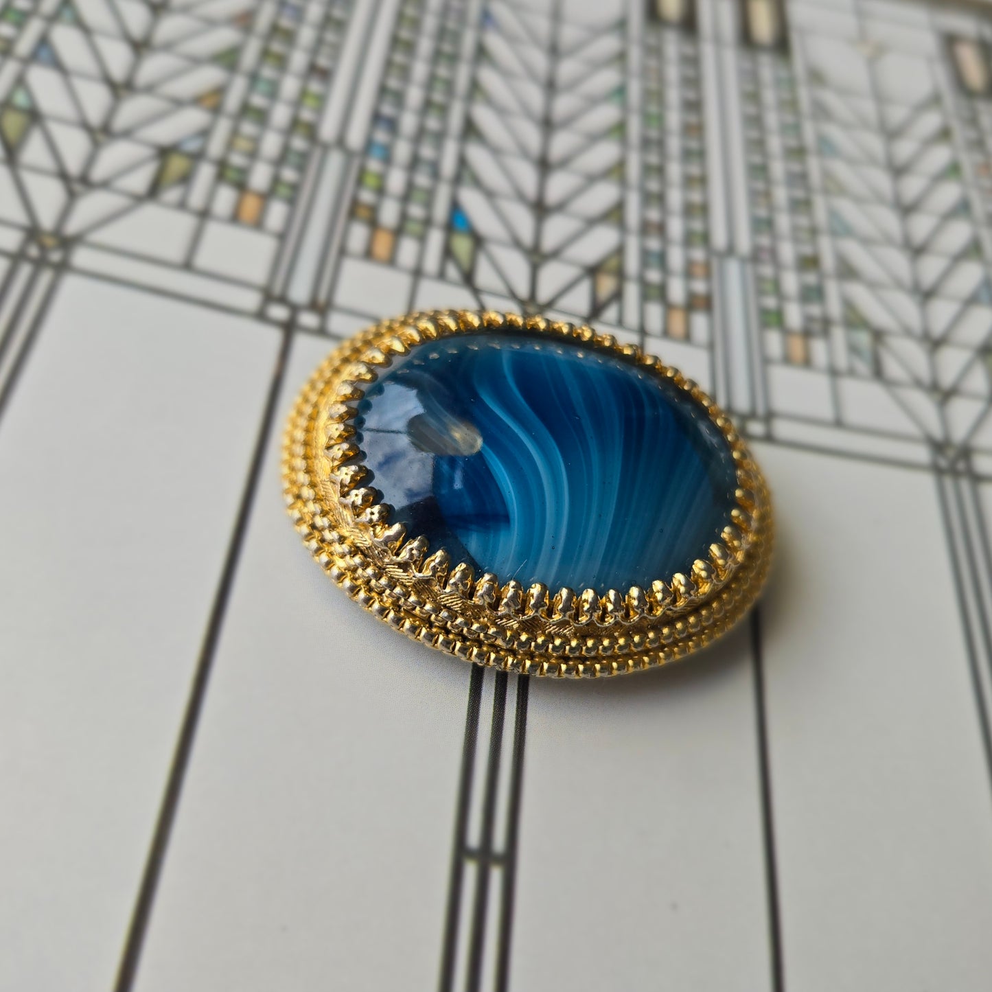 Sphinx Blue Agate Glass Cabochon Brooch