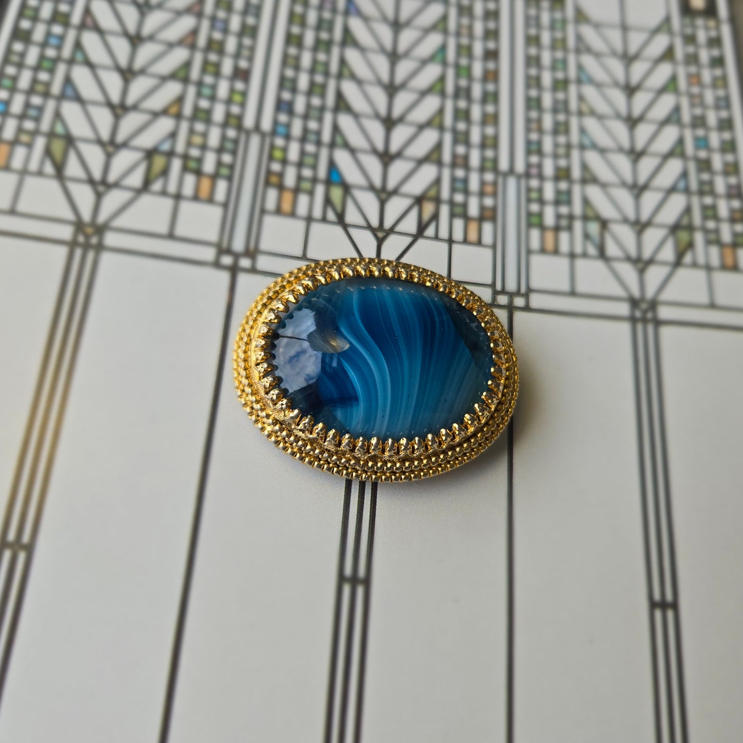 Sphinx Blue Agate Glass Cabochon Brooch