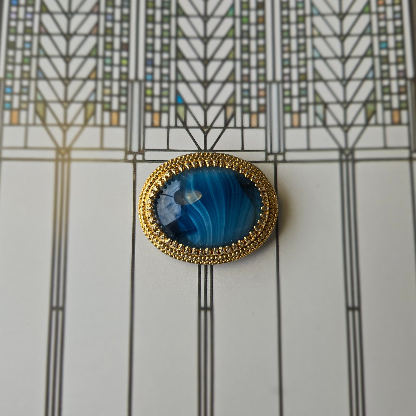 Sphinx Blue Agate Glass Cabochon Brooch