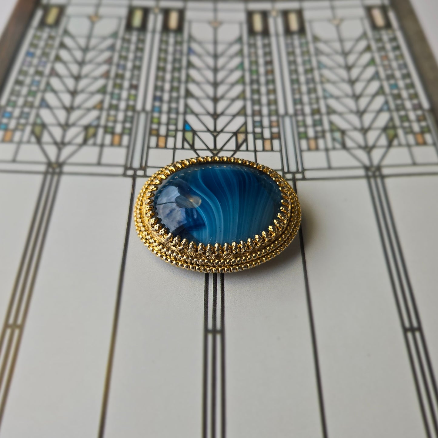 Sphinx Blue Agate Glass Cabochon Brooch