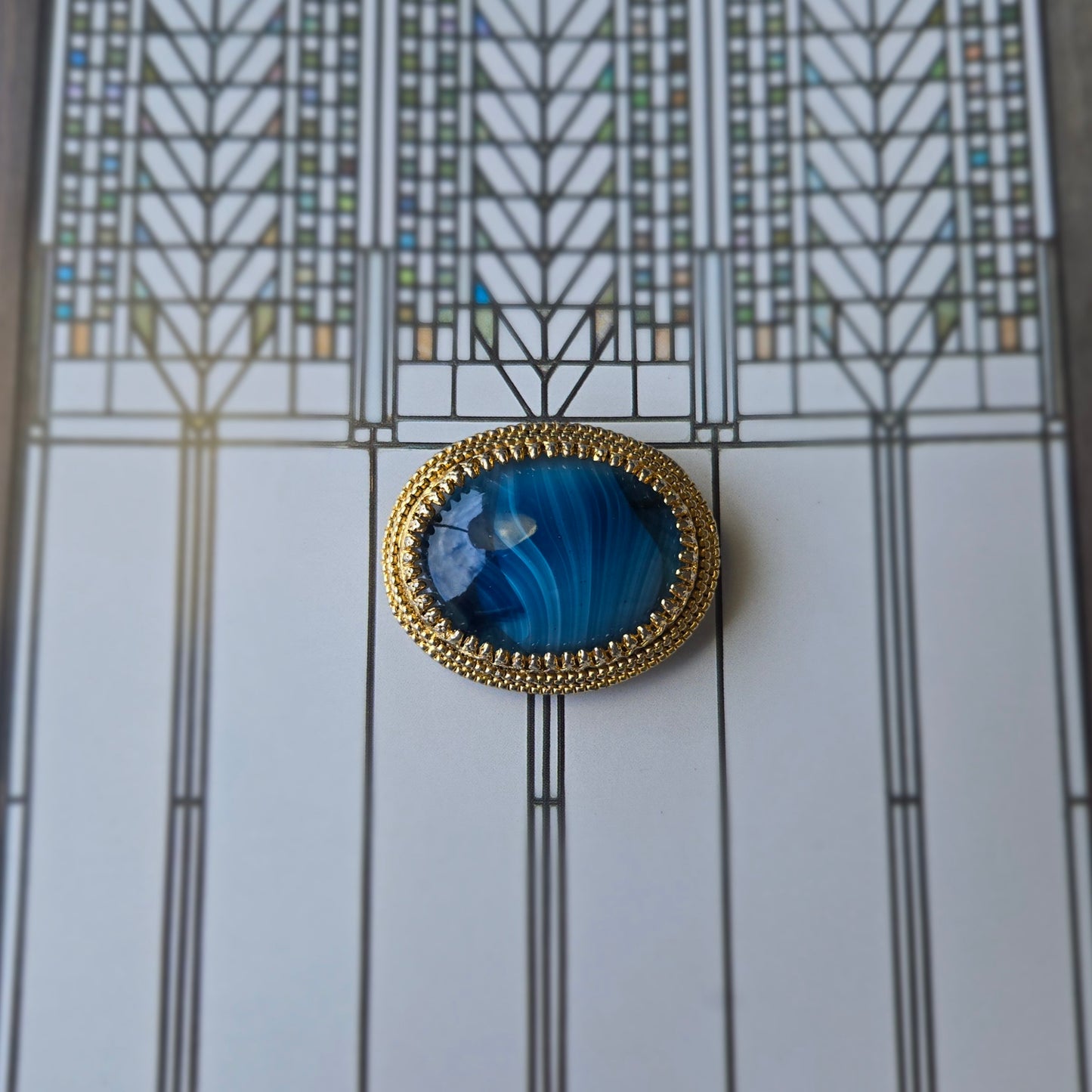 Sphinx Blue Agate Glass Cabochon Brooch