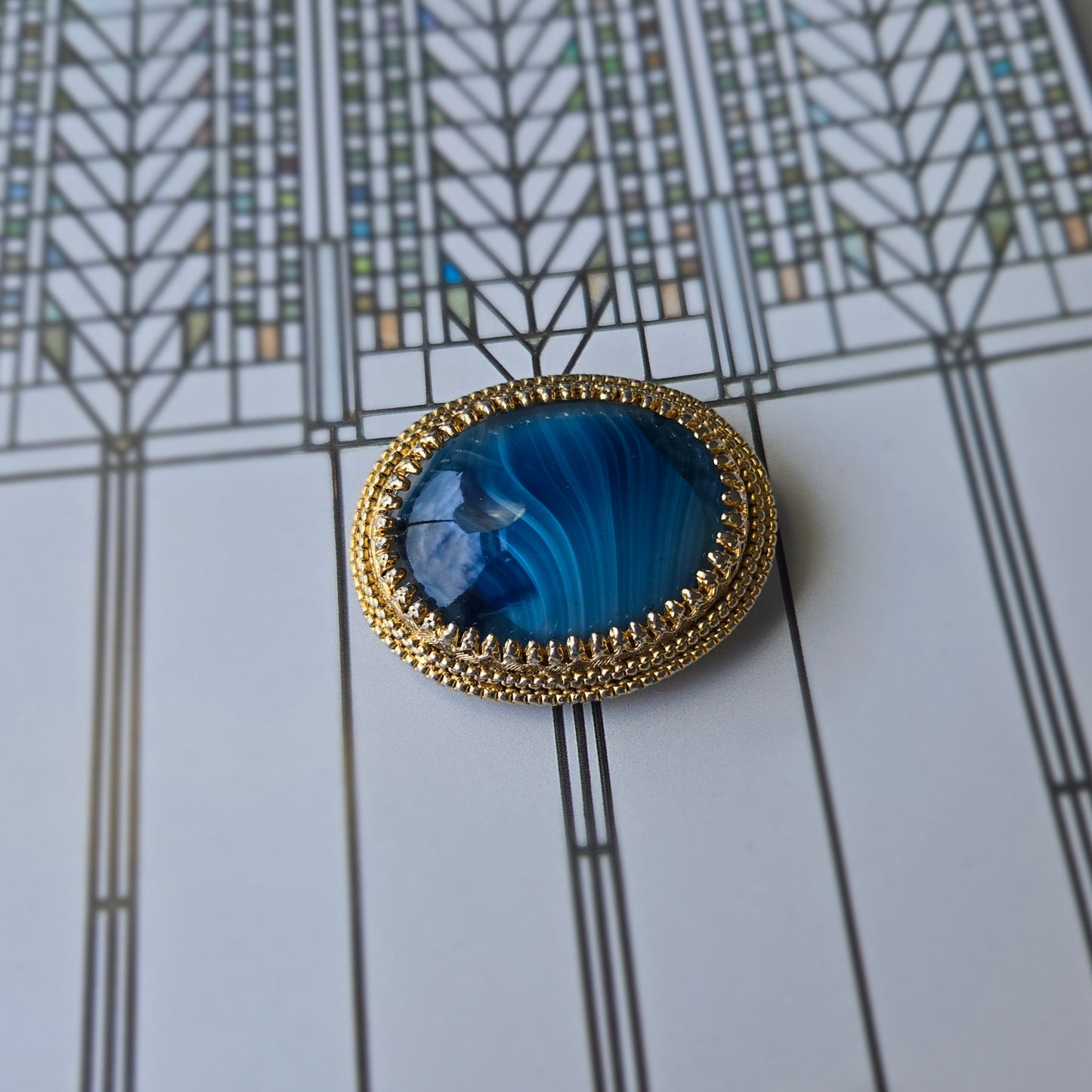 Sphinx Blue Agate Glass Cabochon Brooch
