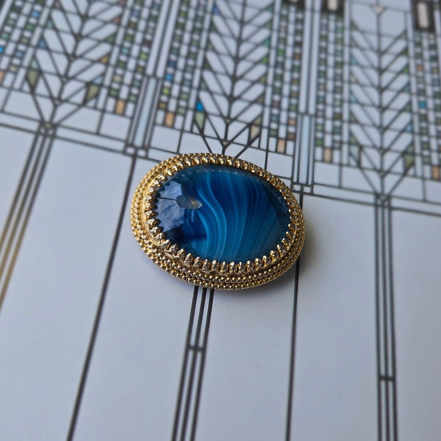 Sphinx Blue Agate Glass Cabochon Brooch