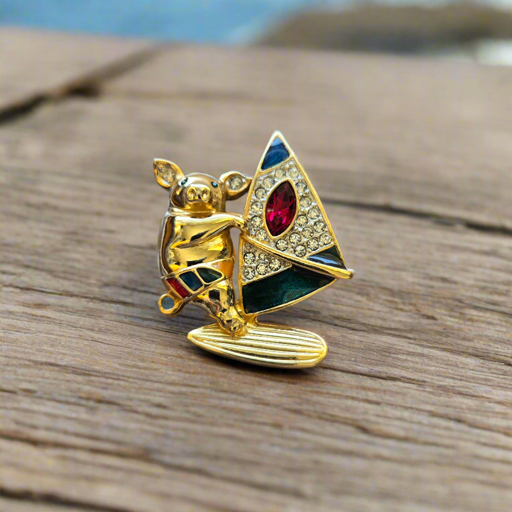 Brooch - Multicolour Enamel and Crystals Surfing Pig Brooch