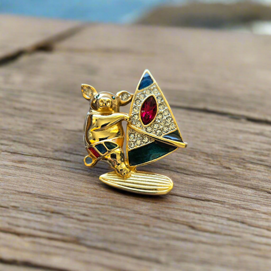 Brooch - Multicolour Enamel and Crystals Surfing Pig Brooch