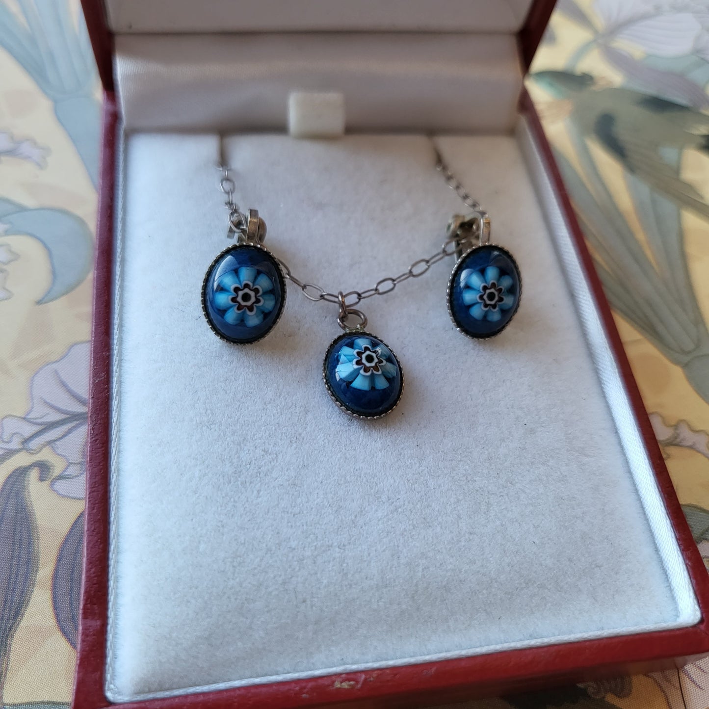 Set - Sterling Silver Murano Glass Blue Flower Pendant Necklace and Clip on Earrings