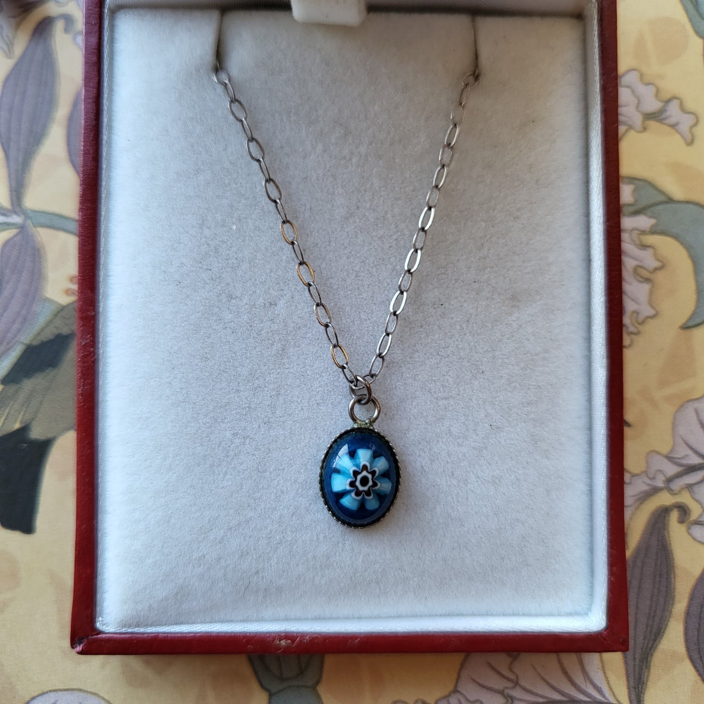 Set - Sterling Silver Murano Glass Blue Flower Pendant Necklace and Clip on Earrings