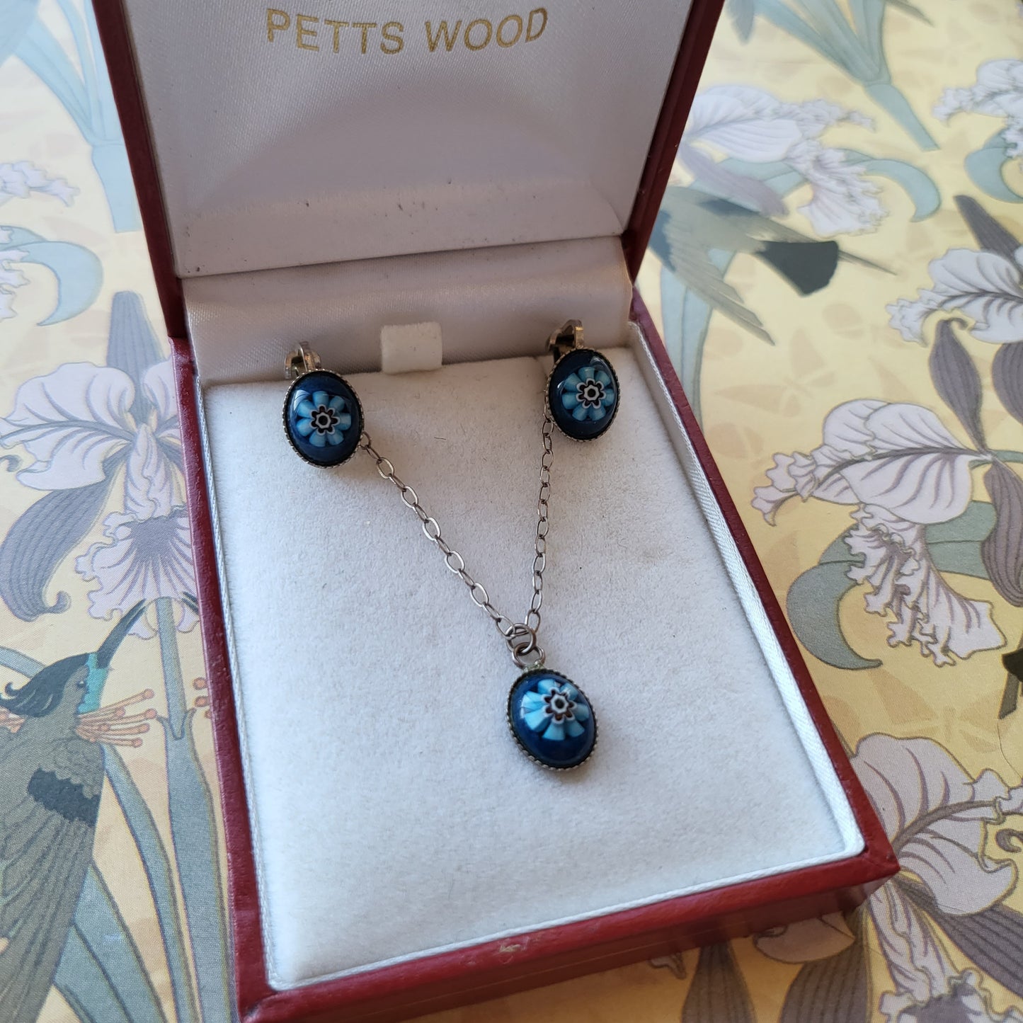 Set - Sterling Silver Murano Glass Blue Flower Pendant Necklace and Clip on Earrings