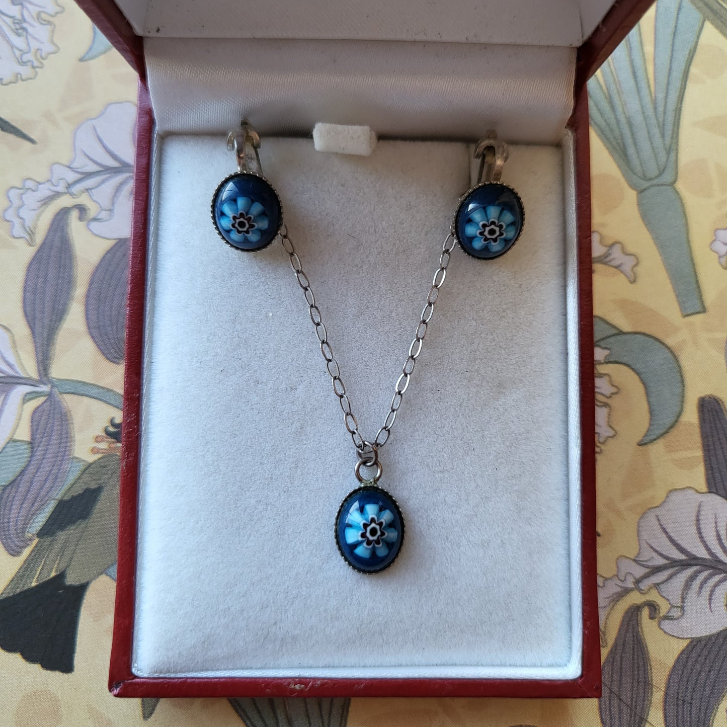 Set - Sterling Silver Murano Glass Blue Flower Pendant Necklace and Clip on Earrings