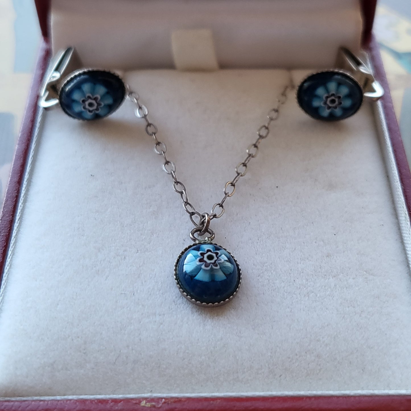 Set - Sterling Silver Murano Glass Blue Flower Pendant Necklace and Clip on Earrings