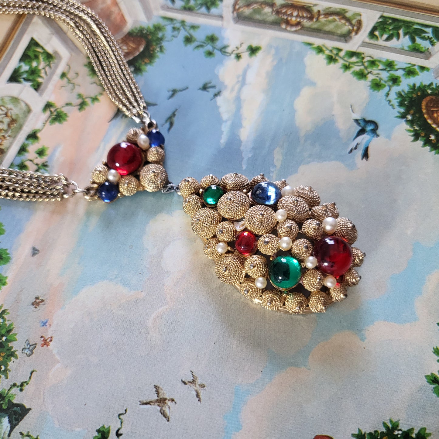 Necklace - Vintage SA Multicoloured Cabochon Glass Pendant Necklace