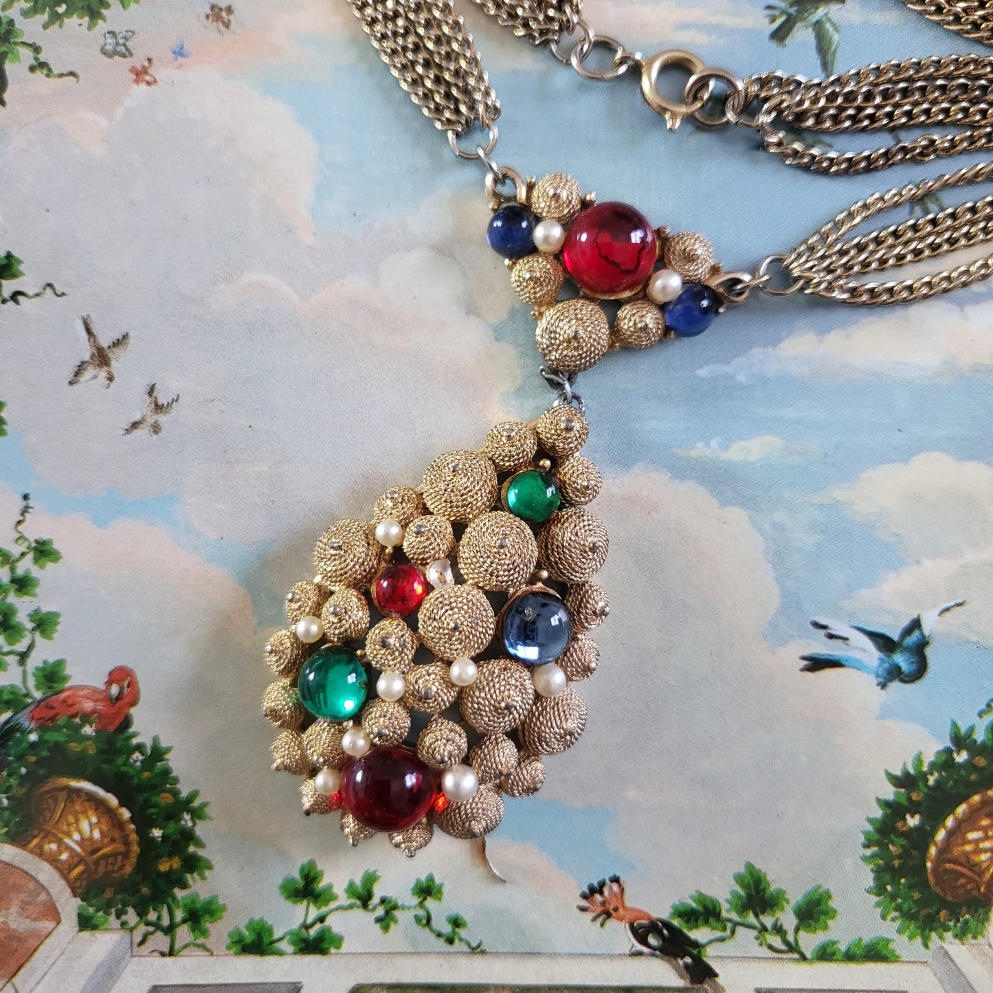 Necklace - Vintage SA Multicoloured Cabochon Glass Pendant Necklace