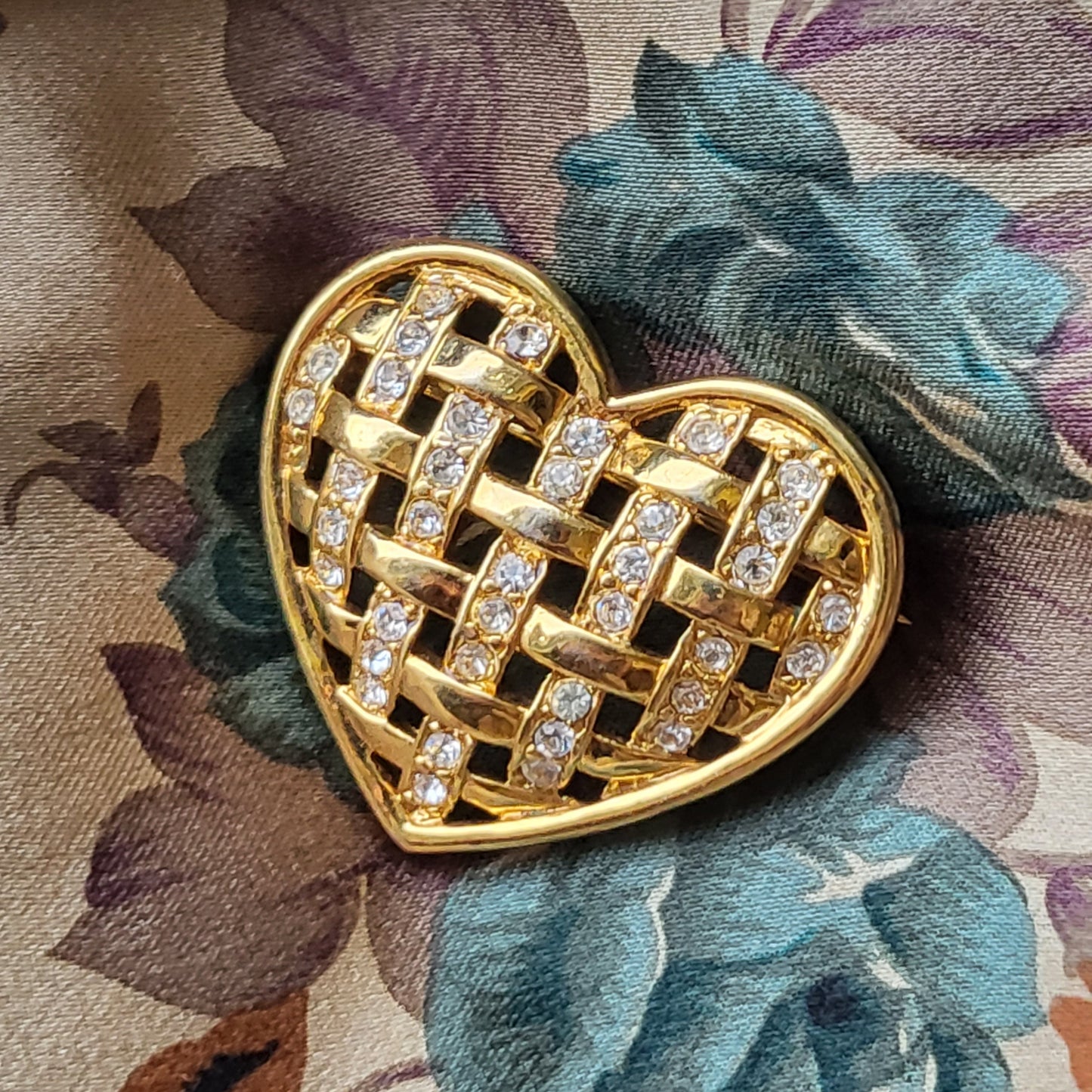 Brooch - Monet Gold and Crystal Lattice Heart Brooch