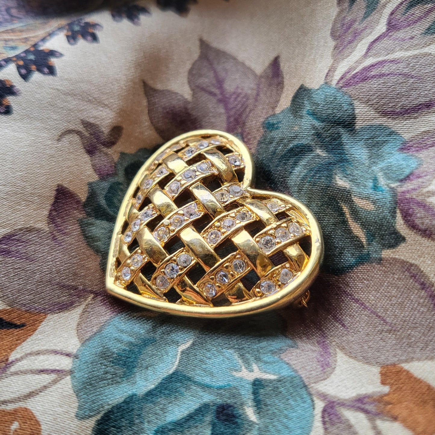 Brooch - Monet Gold and Crystal Lattice Heart Brooch