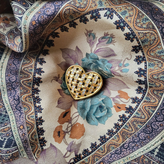 Brooch - Monet Gold and Crystal Lattice Heart Brooch