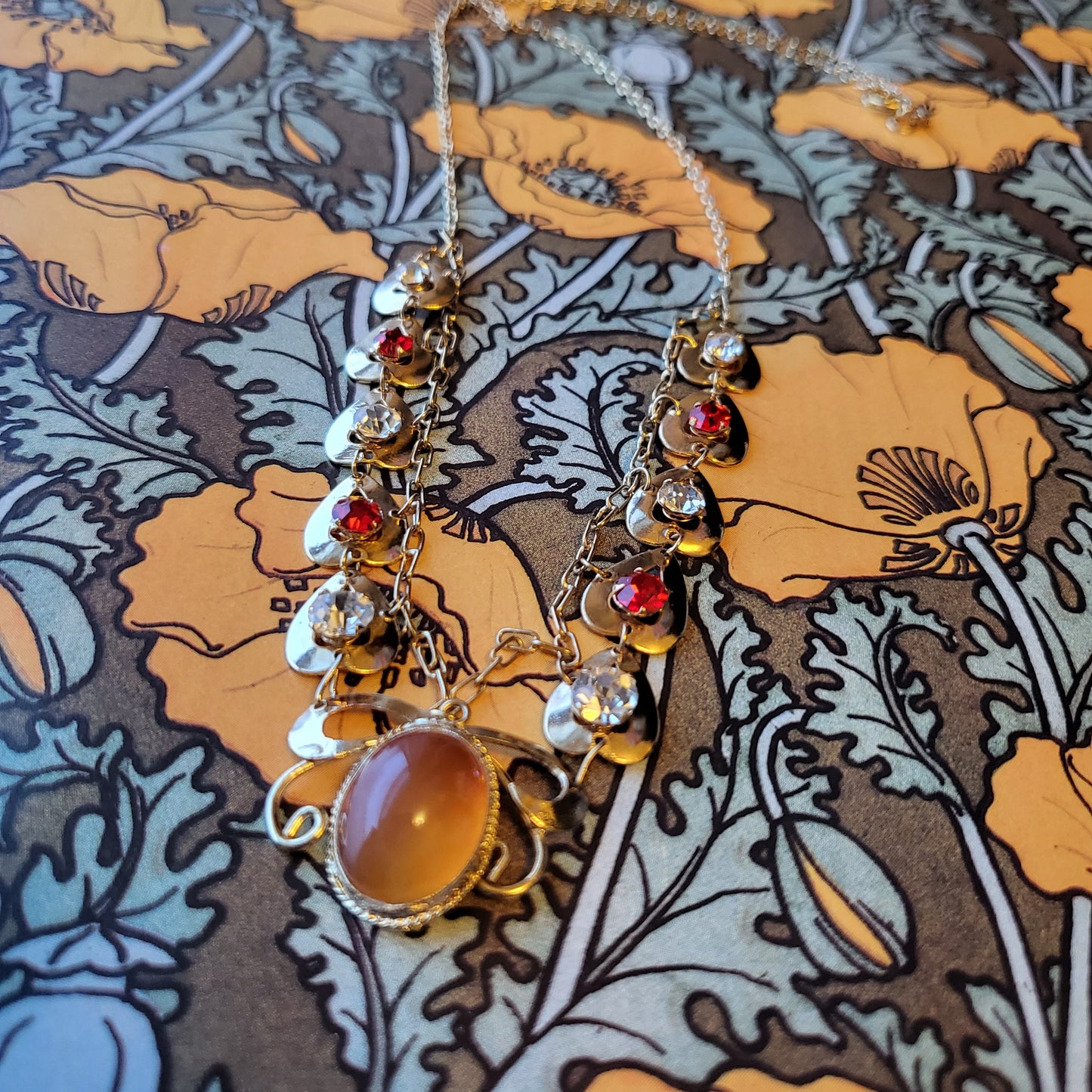 Necklace - Vintage Amber Glass and Red and Clear Crystal Heart Chain Necklace