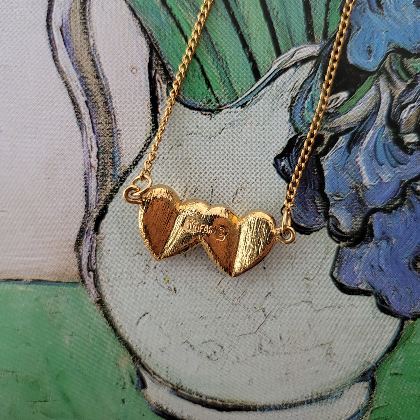 Necklace - Trifari Gold Double Heart Pendant Necklace