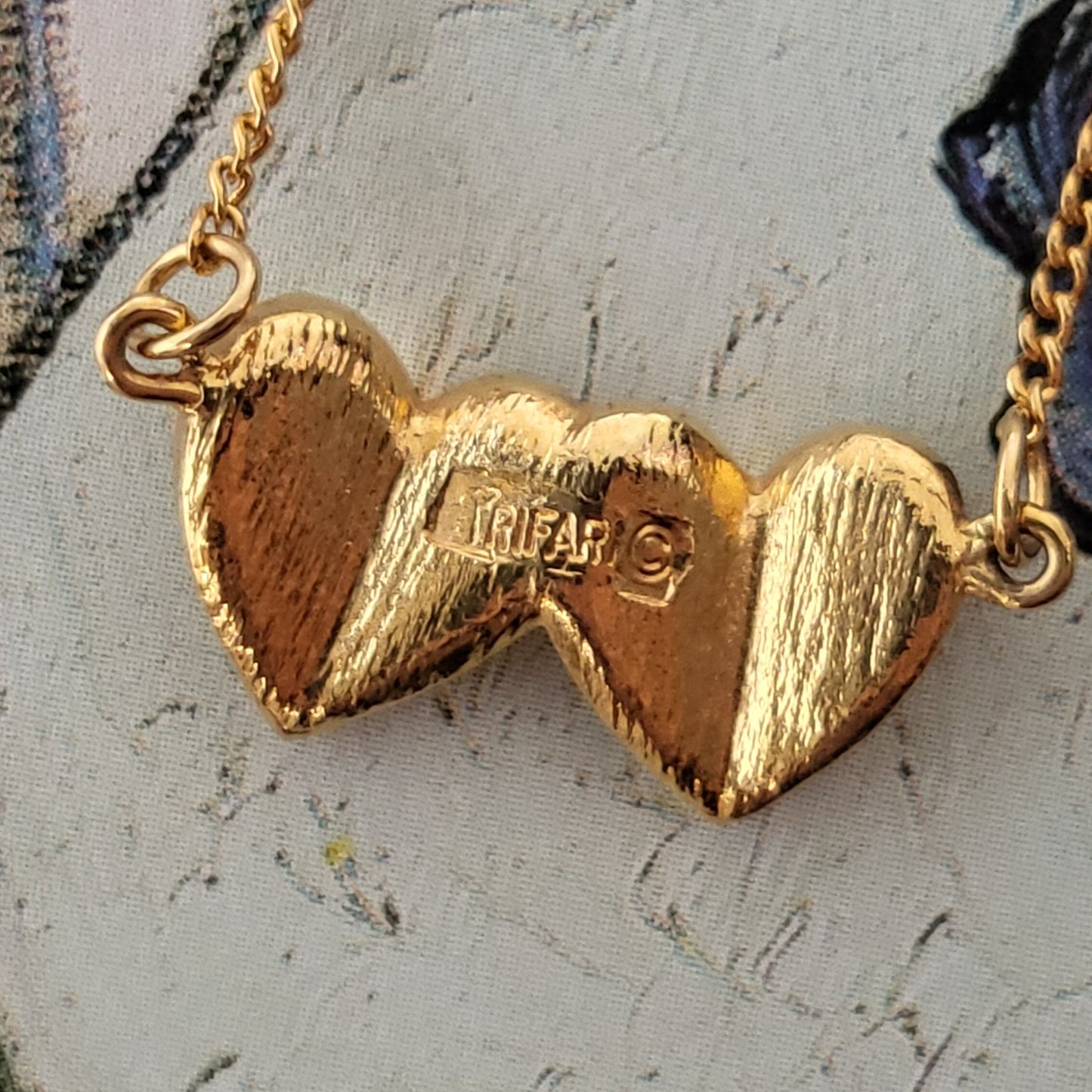 Necklace - Trifari Gold Double Heart Pendant Necklace