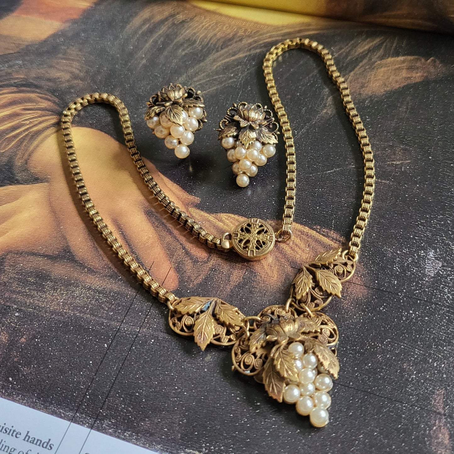 Set - Faux Pearl Grapes Necklace and Screw on Earrings