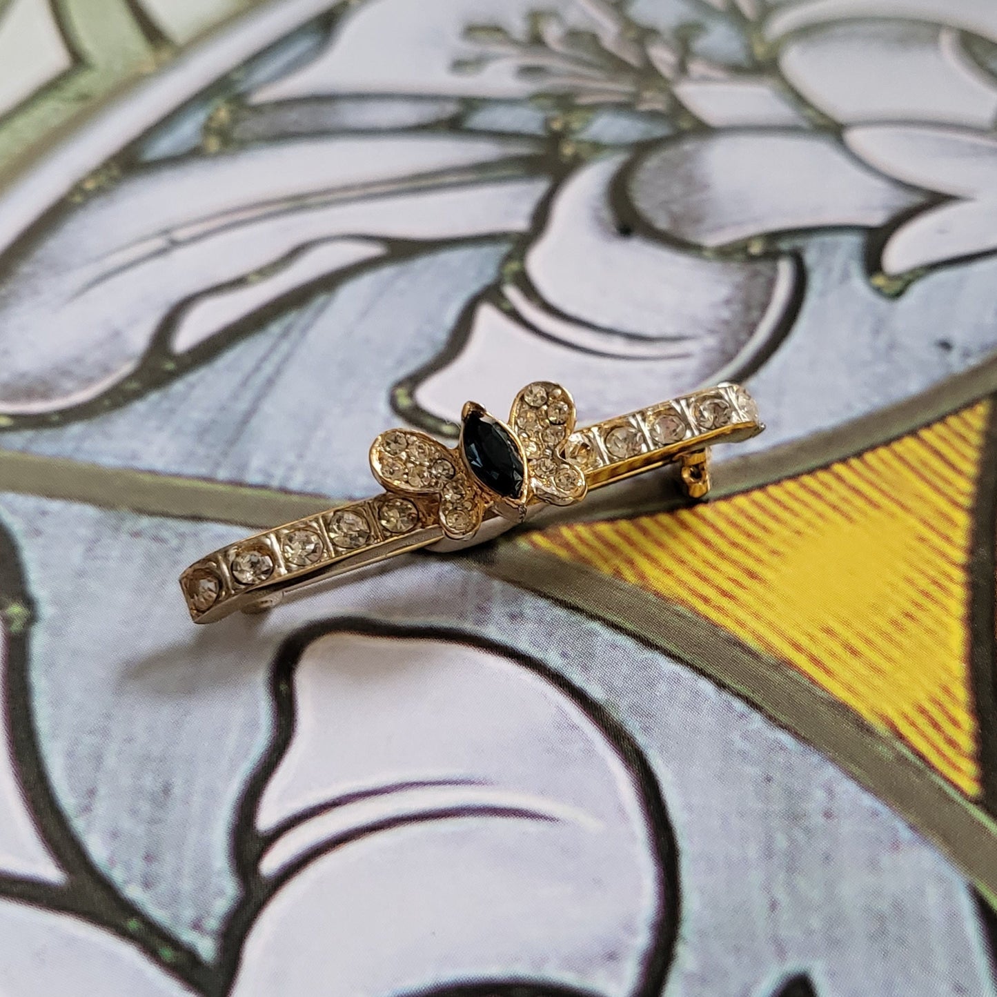 Brooch - Blue and Clear Crystals Butterfly Bar Brooch