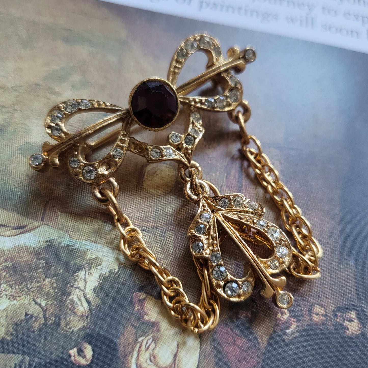 Brooch - Sphinx Red and Clear Crystals Bow Chain Pendant Brooch