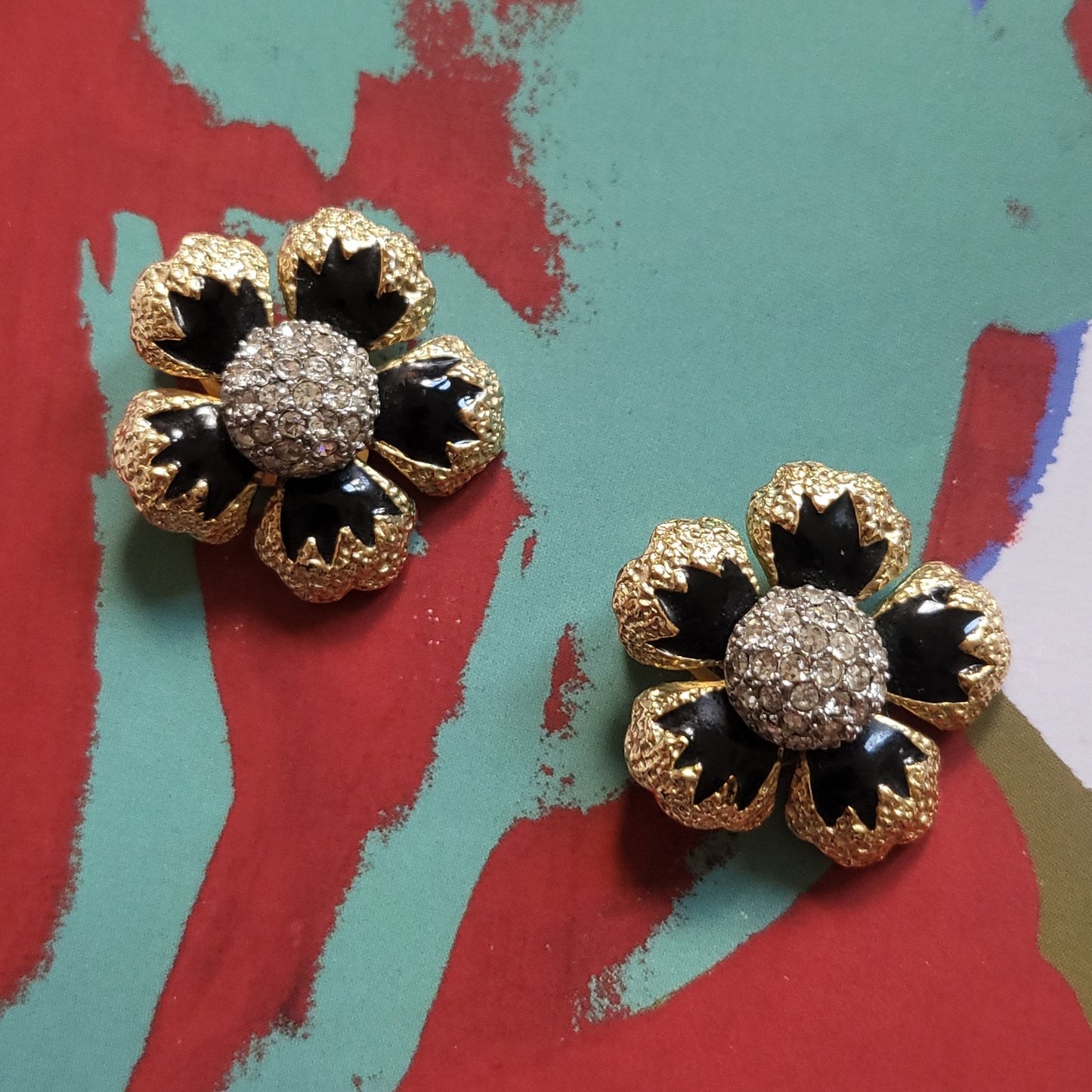 Clip on - Sphinx Black Enamel Crystal Flower Clip On Earrings