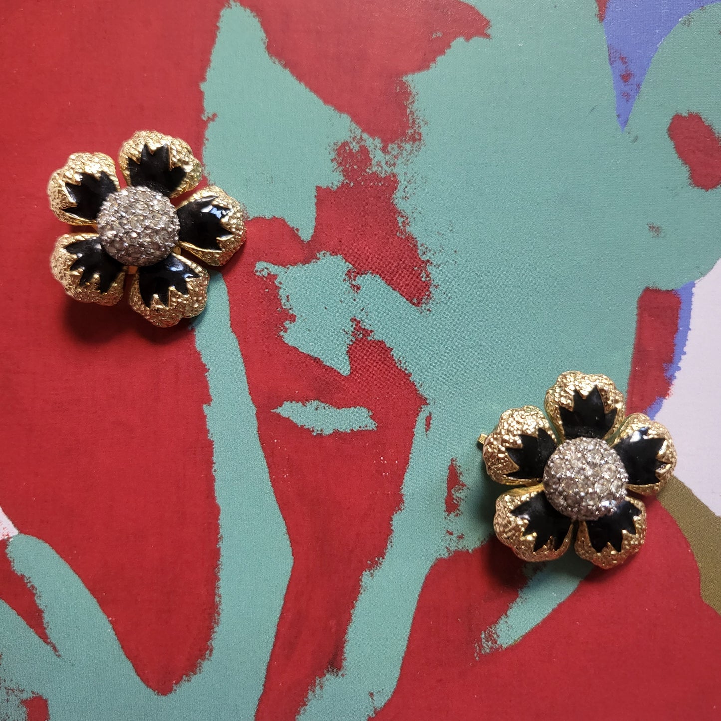 Clip on - Sphinx Black Enamel Crystal Flower Clip On Earrings