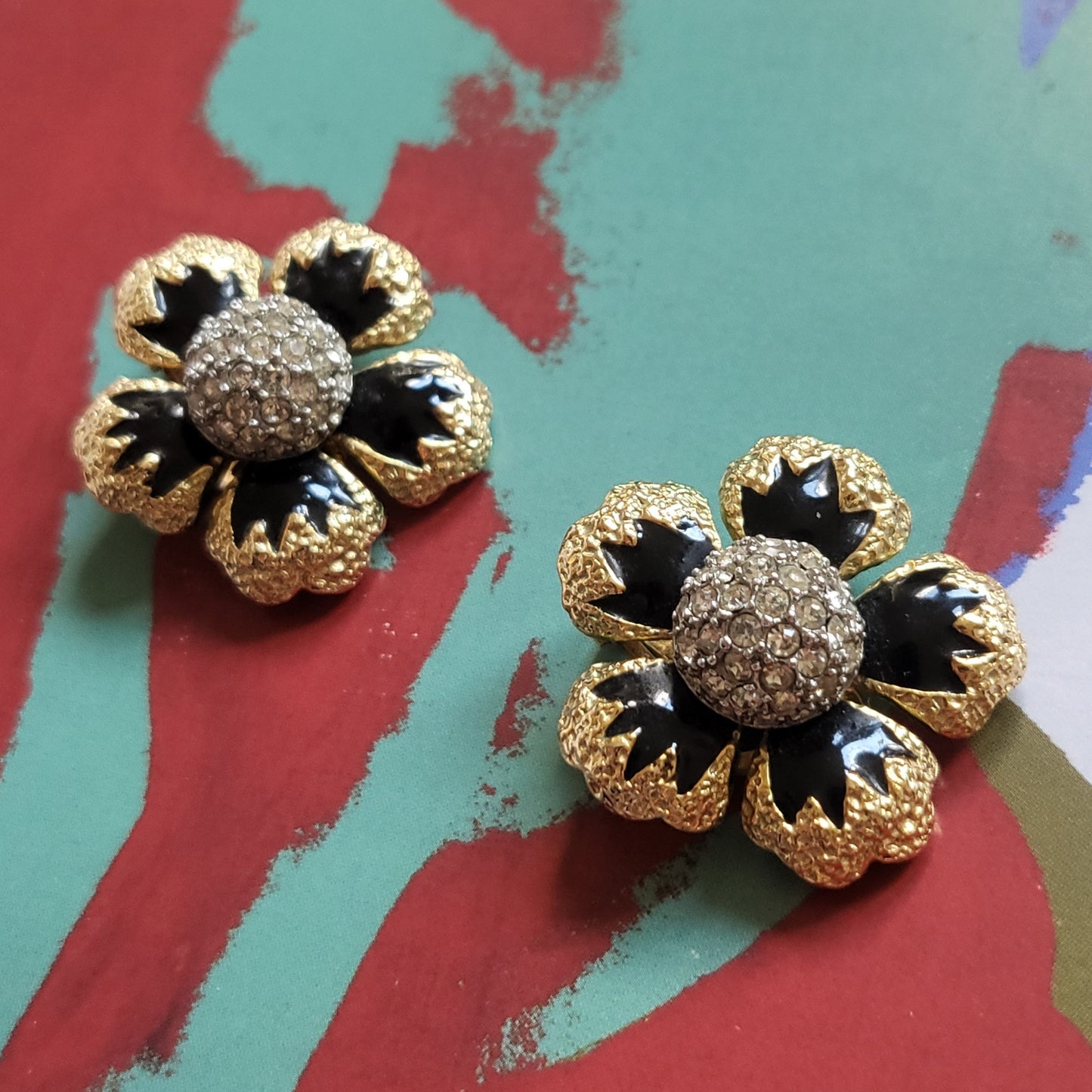 Clip on - Sphinx Black Enamel Crystal Flower Clip On Earrings