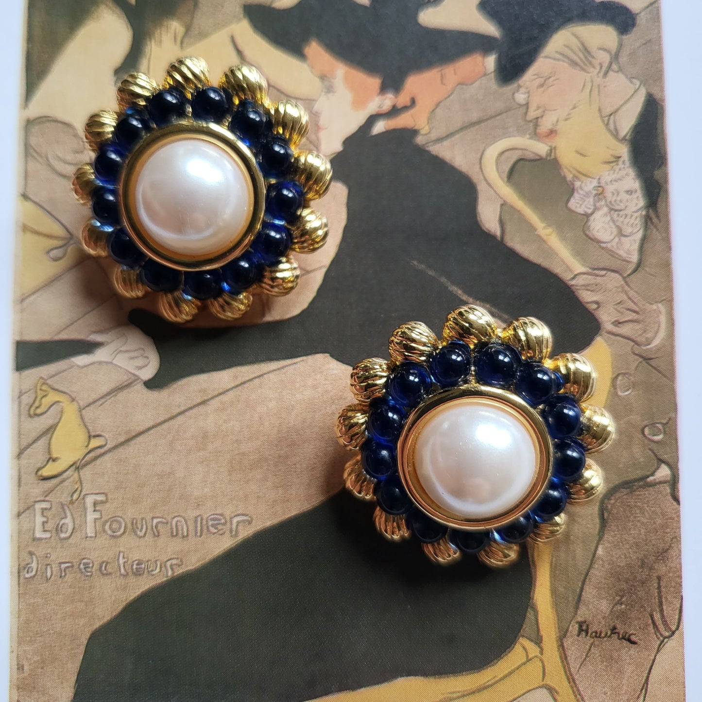 Clip on - Joan Rivers Pearl and Blue Glass Beads Flower Clip on Earrings